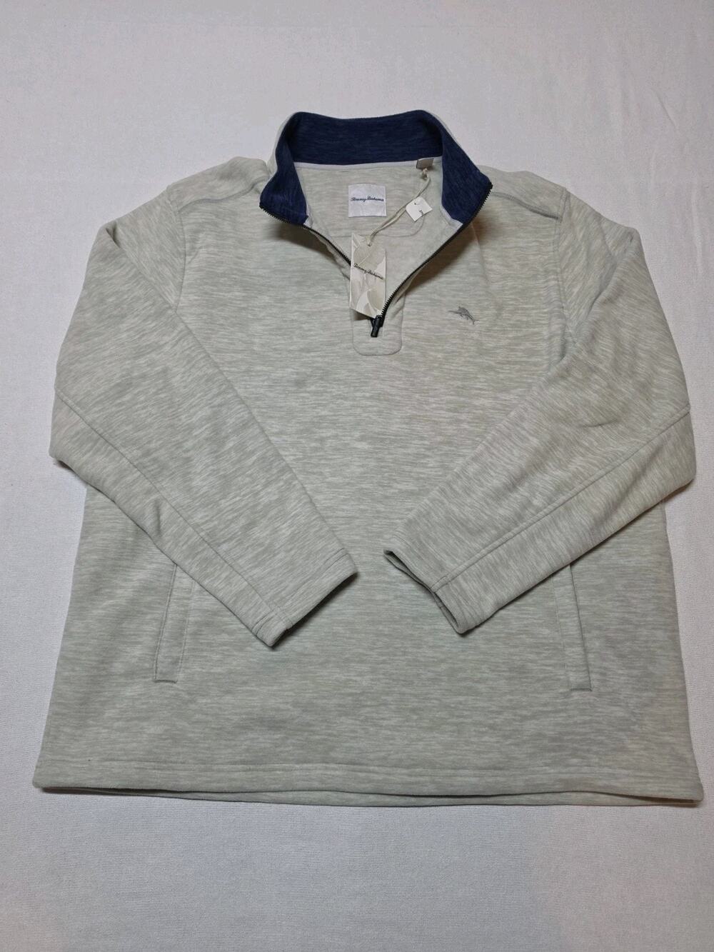 NWT Tommy Bahama Men’s XXL Gray Quarter-Zip Pullover Sweater Blue Trim